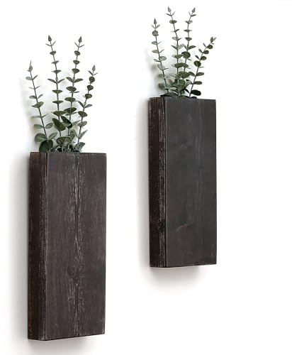 Wood Wall Planter Set of 2, Wood Wall Pocket for Greenery and Dried Flowers, Indoor Wood Hanging Vase Modern Farmhouse Wall Decor for Living Room Bedroom Office Eucalyptus Stems Decorations (Expresso)