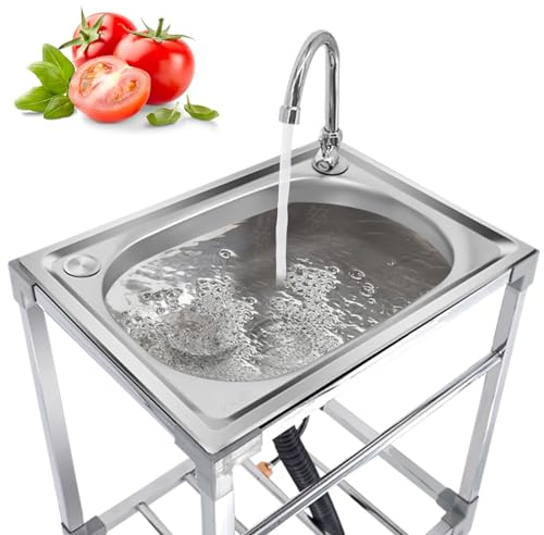 Fregadero Simple Al Aire Libre con Soporte Fregadero de Acero Inoxidable 304 Independiente Fregaderos de Cocina Restaurante Camping Parrilla Exterior Jardin Portatil Fácil de montar Polivalente ( Size