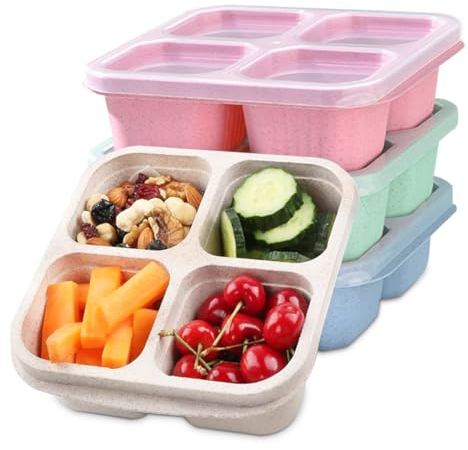 Toivize 4 Pack Snack Boxes, Reusable Bento Lunch Boxes with 4 Compartments Snack Containers for Kids Adults Leakproof Divided Food Storage for School Work Travel (Pink/Beige/Green/Blue)
