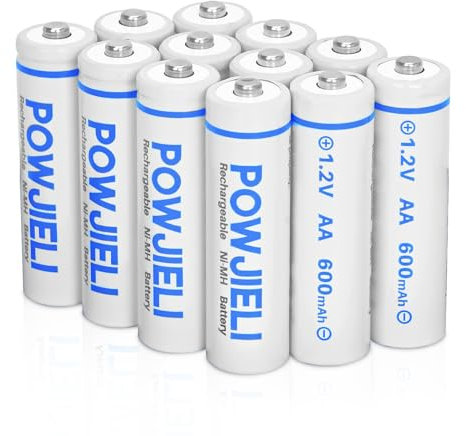 POWJIELI Batterie ricaricabili AA Ni-MH, batterie solari doppie A, 600 mAh, 1,2 V, pre-caricate, per giardino, paesaggistica, luci solari esterne, luci a corda, luci per vialetti (confezione da 12)
