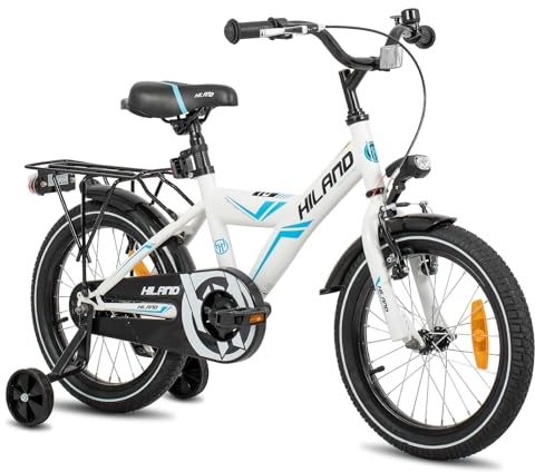 Hiland 16 Zoll Kinderfahrrad, für Jungen Kinder ab 4 5 6 Jahren mit Rücksitz/Gepäckträger Stützräder Handbremse und Rücktrittbremse, Weiß