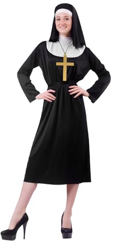 Aomig Déguisement de Nonne Adulte Noir Costume de Nonne Sœur de Couvent Déguisement Femme Nonnes Robe de Costume Avec Ceinture, Chapeau Accessoires Croix Convient pour Halloween Carnaval Cosplay(XL)
