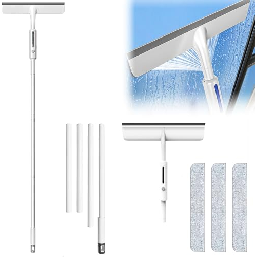 Window Cleaner with Telescopic Handle, 3-in-1 Professional Window Wiper Set with 3 Microfibre Pads, Window Cleaning Set, Glass Wiper for Shower and Glass Door (White)