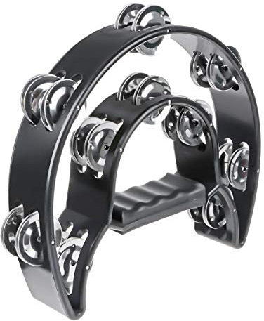 Half Moon Musical Tambourine Double Row Metal Jingles Hand Held Percussion Drum Multicolor for KTV Party with Ergonomic Handle Grip (Black)