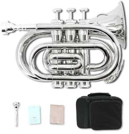 Yinfente B Flache Taschen-Trompete für Anfänger, Studenten, mit Reinigungstuch, versilbertes 7C-Mundstück, Hartschalenkoffer, weiße Handschuhe (Silber)