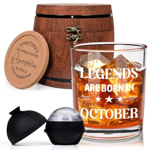 Futtumy Legends Are Born In October, 10 Oz Whiskey Glass with Wooden Barrel, Birthday Gifts for Men, October Mens Birthday Gifts, 40th 50th 60th Mens Birthday Gift Ideas for Dad Grandpa Husband Son