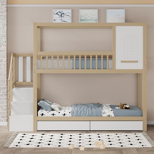 Letto a castello per bambini, 90 x 200 cm, in legno massello matrimoniale, a forma di casa con finestre, design di recinzione di sicurezza, con cassetti e scala di sicurezza, letto per ragazzi e