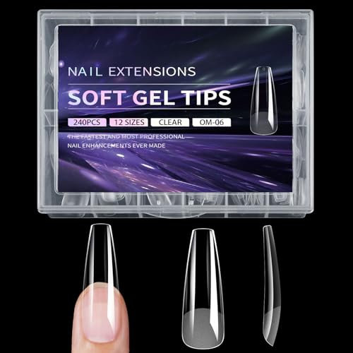 240Pcs Square Gel Nails Tips Full Clear Nails Gel Extensions 12 Sizes For Home Manicure Supplies