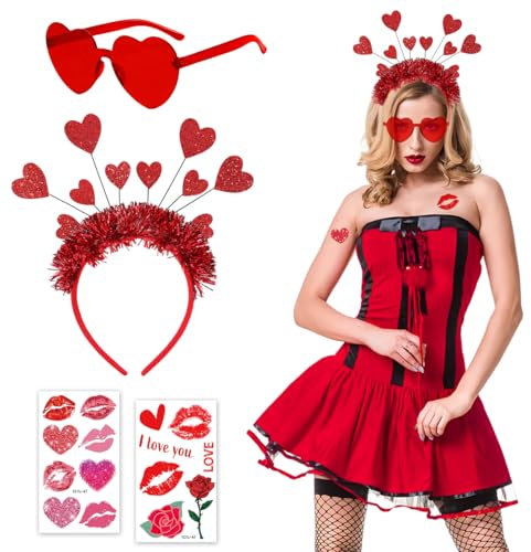QIMMU Amor Kostüm Accessoires,Amor Kostüm Damen Zubehör,Amor Haarreif,Herz Haarreif Rot,Herz Stirnband,für Karneval,Fasching,Valentinstag,Mottoparty