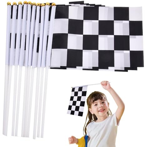 Rukjmqi 30x Rennflaggen, Rennsport Zielflagge, Schwarz Weiß Karierte Flaggen, Schwarz Weiße Stabflaggen, Rennstock Flaggen, Zielflaggen Auf Stöcken, Rennstock Flaggen Für Sportveranstaltungen 14x21 Cm