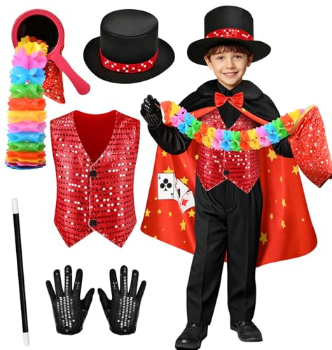 Mishopy Zauberer Kostüm Kinder mit Weste Umhang Zauberhut Zauberstab Magier Kostüm Geburtstag Fasching Halloween Karneval Kostüm Zauberer Verkleidung für Jungen Mädchen
