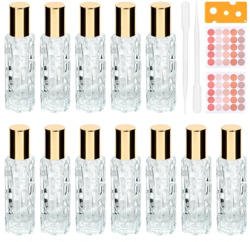 HMIEPRS 12Pcs Essential Oils Roller Bottles, 10ml Clear Glass Bottle Set | Refillable Dropper Bottles with Stainless Steel Roller Balls, Opener, Dropper, Labels, Roller Bottle for Perfumes Fragrance