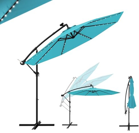 GOPLUS 3M Parasol Déporté avec Lumière LED, Parasol de Jardin Extérieur 8 Baleines avec Base Croisée, Grand Parasol Inclinable 35° avec Manivelle pour Patio Terrasse Marché (Turquoise)