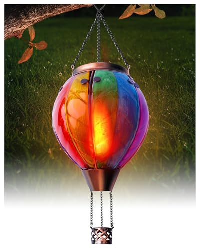 Klarlight Heißluftballon Solarlaterne, Regenbogen Flecken Glas LED-Lichter mit Lichtsensor, Wasserdichte Hängende Solarlaterne mit Flimmernden Flammen Licht für Gartenbaum & Garten, aus Metall & Glas
