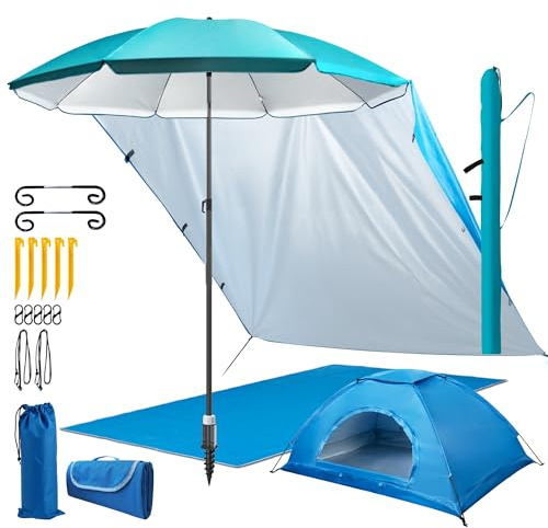 4smile Sonnenschirm Strand 6er-Set Türkis – UV50+-Schutz, Ø 180 cm, mit großer Stranddecke (2 x 2 m), 2 x 1,5 m Strandmuschel, Sonnensegel Strand, Schirmständer Erdspieß & robuster Schirmhülle