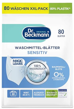 Dr. Beckmann Waschmittel-Blätter Sensitiv | Wasserlöslich | 80 Blätter | Vordosiertes Blattformat | Platzsparend & vegan | Baumwollblüten-Duft | Für Weißes & Buntes | Geruchsentfernung