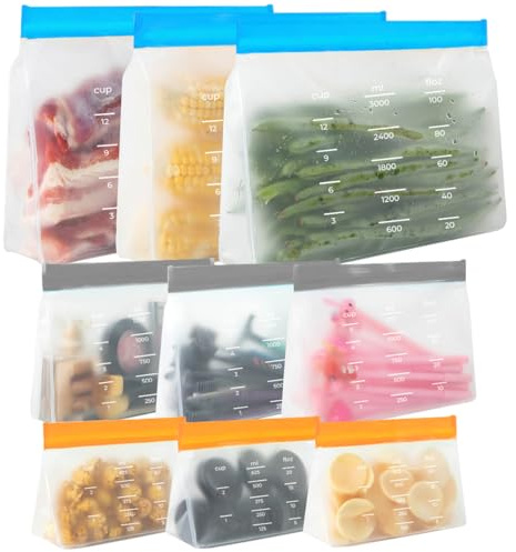 9 Pezzi Sacchetti per Alimenti in PEVA, Sacchetti Freezer PEVA Alimenti Riutilizzabili, Sacchettis Congelatore Riutilizzabilis, Sacchettis Freezer Riutilizzabilis, per Verdure (625ml, 1250ml, 3000ml)