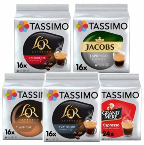 Tassimo Espresso Variety Pack Coffee Pods (Pack of 5, Total 88 Capsules) – Grand Mere, Jacobs Ristretto, L’OR Fortissimo, L’OR Classique & L’OR Splendente
