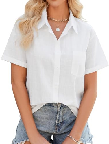 UMIPUBO Camicia Donna Estiva Camicetta Manica Corta Cotone da Donna Elegante Blusa Scollo V Casual Bottone Camicie Maglietta Versatile Top Tinta Unita Shirt Classico