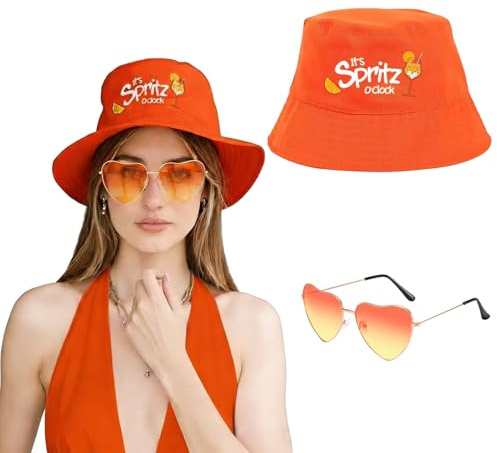 HarnyLoom Aperol Hut Spritz Orange Fischerhut Damen Accessoires Anglerhut Brille AperolKostüm Zubehör für Sommer Party Karneval Mottopartys