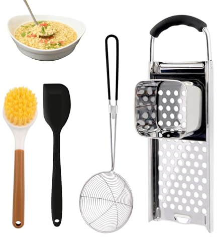 4PCS Stainless Steel Spaetzle Maker with Comfort Grip Handle Set, Spider Strainer Skimmer Spoon with Cleaning Brush, Homemade German Egg Noodle Dumpling Making Tool,Dishwasher Safe
