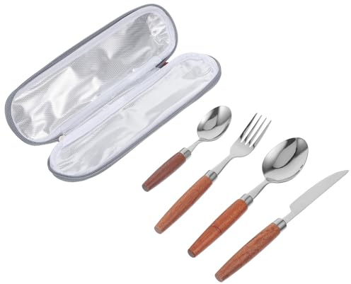 JOINPAYA Set de Couverts de Pique-niques 4 Pièces en Acier Inoxydable Manches en Bois Vintage, Kit Portable de Vaisselle pour Camping et Loisirs en Plein Air, Pochette Grise Résistante