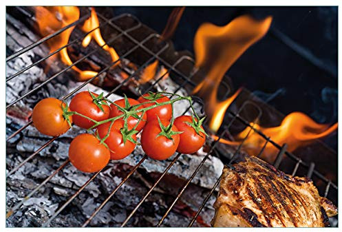 Wallario Küchenrückwand selbstklebend 90 x 60 cm, Motiv: Tomaten und Steak auf einem Grill | Spritzschutz abwischbar & pflegeleicht