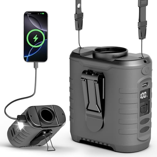 6-in-1 Taillen Clip Ventilator,tshirt ventilator 10000 mAh,5 eschwindigkeitsstufen, 8–40h Laufzeit USB Wiederaufladbar, für Baustelle, Outdoor, Wandern, Arbeiten im Sommer mit COB-Licht & Powerbank