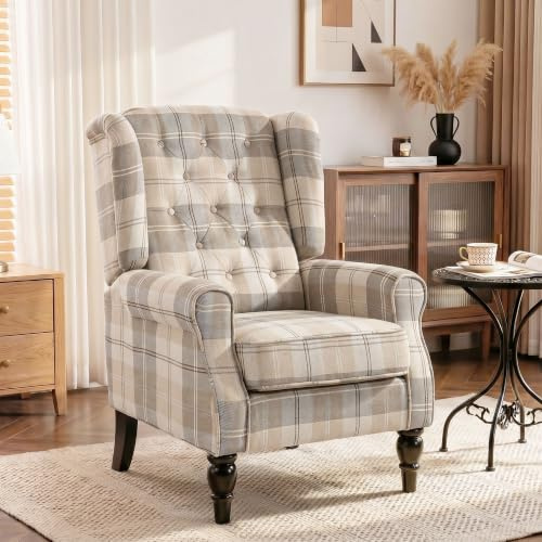 HOMCOM Wingback Accent Chair Linen Armchair High Back Khaki Plaid | Thick Spring Cushion, Solid Wood Legs, Retro Button Tufted, Reading, Living Room, Bedroom
