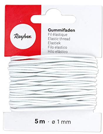 Rayher 8908902 Gummifaden, 1 mm ø, Karte 5 m, weiß, elastische Gummischnur zum Nähen von Behelfsmasken, für Armbänder usw.