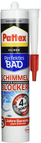 Pattex,2101167,Perfektes AA8Bad SchimmelBlocker Silikon, Sanitärsilikonmit 4-fach-Schutz gegen Schimmel, Dichtmassefür 5 Jahre garantiert saubere Silikonfugen, 1 x 300ml