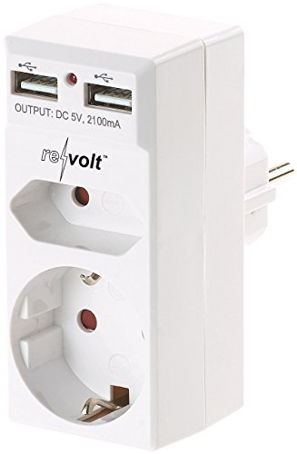 revolt Steckdosenadapter 2 Fach: 2-Fach-Steckdose und 2-Fach-USB-Netzteil, 2,1 Ampere (Doppelsteckdose zum Einstecken, 2er Steckdosenadapter, aus Einer Zwei Machen Adapter)