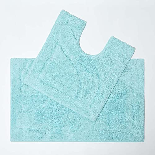 Homescapes 2-TLG. Badematten-Set Aqua, Badematte 50x80 cm & WC-Vorleger mit Ausschnitt 50x55 cm, Baumwoll-Badteppiche mit Wende-Design