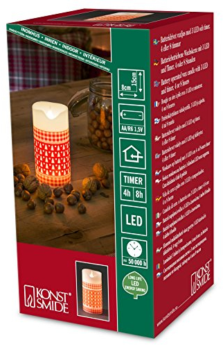 Konstsmide LED Echtwachskerze, weiß, zerlaufene Wachsoptik, rotes Muster mit weißen Tannenbäumen, 4h und 8h Timer, 1 warm weiße Diode, batteriebetrieben, Innen, 2 x AA 1.5V (exkl.) - 1958-550