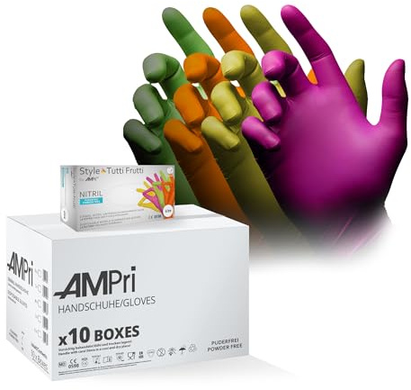 AMPRI Nitrilhandschuhe, bunt, Farbenmix, 10 Box a 96 Stk, Größe XS, puderfrei, Style tutti frutti by Med-Comfort: Nitril Einmalhandschuhe, Einweghandschuhe in den Größen XS, S, M, L, XL