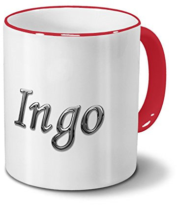 printplanet Tasse mit Namen Ingo - Motiv Chrom-Schriftzug - Namenstasse, Kaffeebecher, Mug, Becher, Kaffeetasse - Farbe Rot