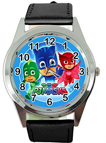 taport pjmasks rund Quarzuhr schwarz Leder Band + Gratis Ersatz Akku + Geschenk Tasche