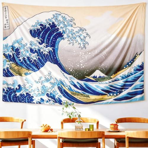 IcosaMro Toller Wellen-Wandteppich für Schlafzimmer, Wandbehang, Kunst, große Wanddekoration mit gesäumten Kanten, Ozean-Wanddecke, die große Welle aus Kanagawa, 130x152 cm