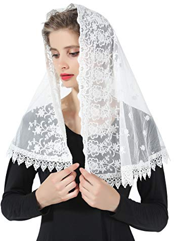 BEAUTELICATE Damen Mantilla Katholisch Schleier Spitze Kapelle Schleier Schal Stola Kopfbedeckung Kopftuch Schwarz Weiß für Latin Mass kirchliche Hochzeit Braut V99 Weiß