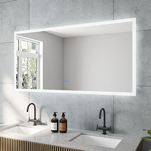 AQUABATOS ECHOS-Serie LED Badspiegel groß 140x70 cm mit Beleuchtung Warmweiß 3000K Neutralweiß 4500K Kaltweiß 6400K Touch Sensor Dimmbar Wandschalter Beschlagfrei Antibeschlag Spiegel heizung