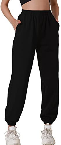 HAPYWER Jogginghose Damen Baumwolle Jogger Lang Sweathose Baggy Lässige Hose mit Taschen Sweatpants Oversize Sporthose Weit Casual S-XXL(A-schwarz,XXL)