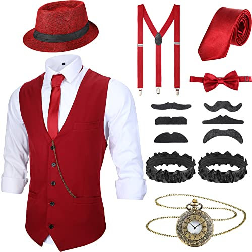 Blulu 1920er Herren Zubehör Gatsby Gangster Kleidung Kostüm Halloween Cosplay Outfit mit Weste Fedora Hut Taschenuhr Hosenträger Fliege für Mann Halloween Cosplay (M, Weinrot)
