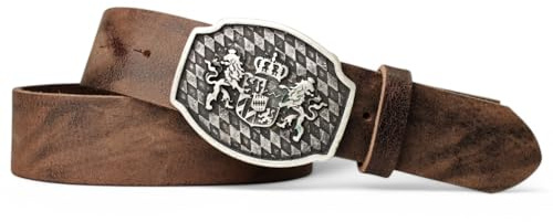 FRONHOFER Trachtengürtel mit Bayernschnalle, Wappen und Löwen, 18087, Größe:Körperumfang 100 cm/Gesamtlänge 115 cm, Farbe:Vintage-braun