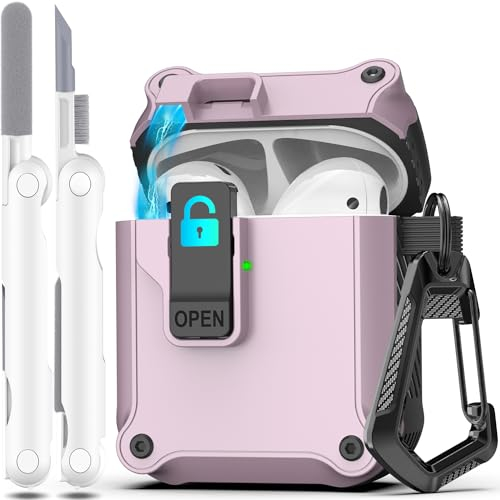 R-fun Compatible con AirPods 2.ª generación 2019, 1.ª Gen 2016 Funda Protectora, protección Total contra caídas, Tapa emergente automática para Funda Apple Airpods con Kit de Limpieza,Morado