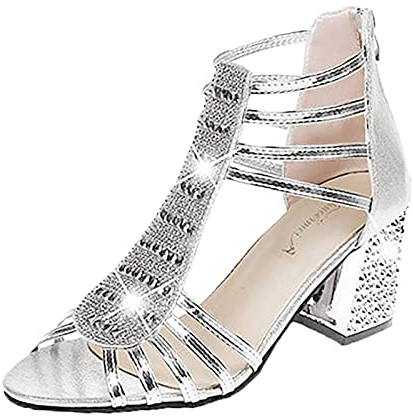 Damen Sandalen Pumps Blockabsatz High Heels Sommerschuhe Reißverschluss Sandals Party Freizeit Hochzeit Hochhackige Abendschuhe Sandaletten mit Absatz Silber Gold Elegant Peeptoe Riemchensandalen