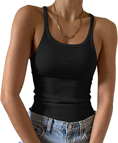 Feziakuk Spaghetti Top Damen Sexy Ärmellos Unterhemd Gerippte Tank Top Basic Einfarbig Camisole Sommer Oberteile, Schwarz XS