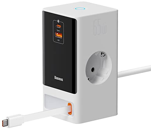 Baseus USB Ladegerät 65W APP Kontrolle Netzteil mit 2 Steckdose, 1 USB A, 1 USB C Schnellladegerät mit Ladekabel GaN Steckdosenleiste für iPhone 15 Pro/14/13/12, MacBook, iPad, Galaxy S23
