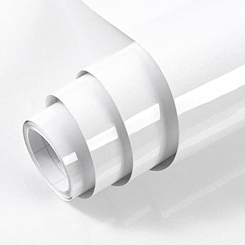 Hode Vinilo Adhesivo Blanco 40cmX10m Papel Adhesivo para Muebles Armario de Cocina Impermeable Efecto Alto Brillo Vinilo Decorativo