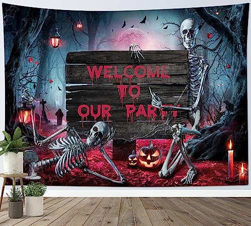 LB Wandteppich Halloween Wandtuch Gothic Skelett mit gruseligem Kürbis im Spukwald Wandbehang Horror Roter Friedhof Tapisserie für Wohnzimmer Schlafzimmer Wohnheim Wanddeko,200x150cm