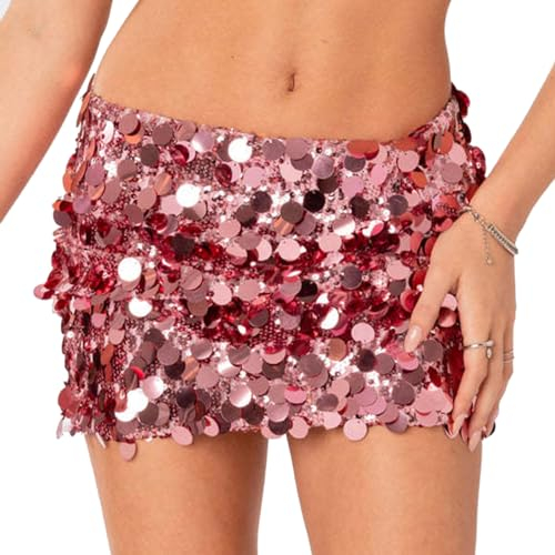 Kaerm Minirock Damen Glitzer Pailletten Rock Bodycon Party Abendrock Low Waist Hüftrock Etuirock Disco Rock Musik Festival Outfit Rosa L